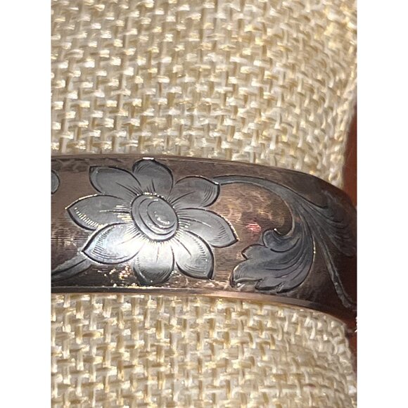 Vintage Copper Silver Tone Floral Engraved Clamper Bangle Bracelet Estate 7" - Picture 2 of 6